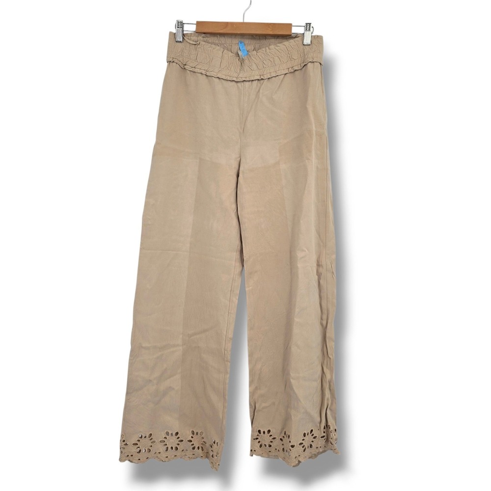 Cupio Blush Tan Wide Leg Eyelet Embroidered Hem Smocked Waist Pants Womens